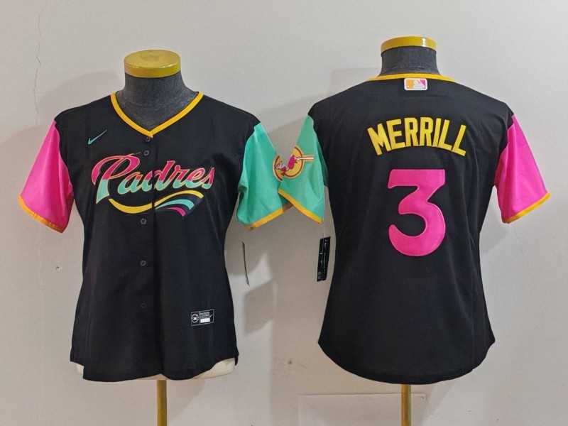 Womens San Diego Padres #3 Jackson Merrill Black Fashion Baseball Jersey